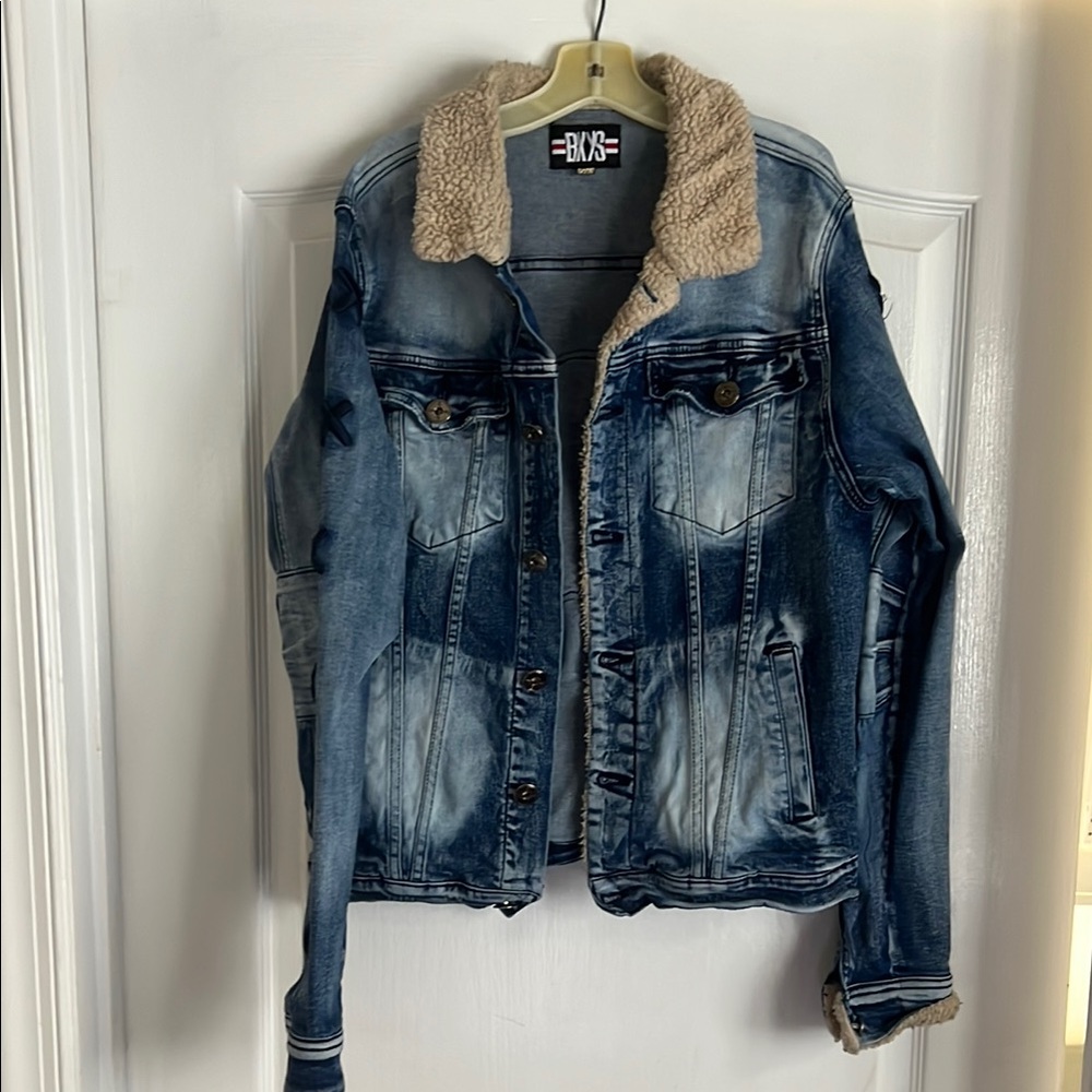 Tan and Blue Lightweight Shirt Jacket with Distressed Denim